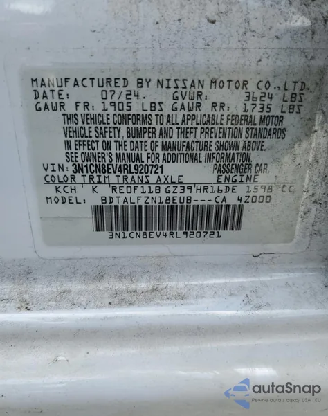 2024 Nissan Versa Sv z USA, uszkodzony, nr VIN 3N1CN8EV4RL920721